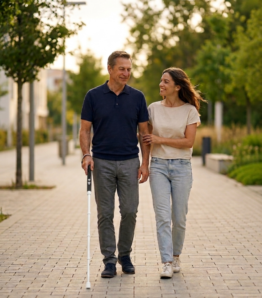 Two people are walking side by side through a park, smiling. A middle-aged man is holding a WeWALK Smart Cane in his hand. Beside him is his daughter, a young woman. The atmosphere is warm and cheerful. At the top of the image, the text reads: “Give the best Father’s Day gift for visually impaired fathers.” At the bottom, the WeWALK logo is displayed, with a “Swipe” call-to-action button to its right.